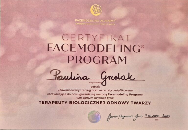 Certyfikat – Facemodeling Program, Facemodeling Academy · terapeuta biologicznej odnowy twarzy, 2025