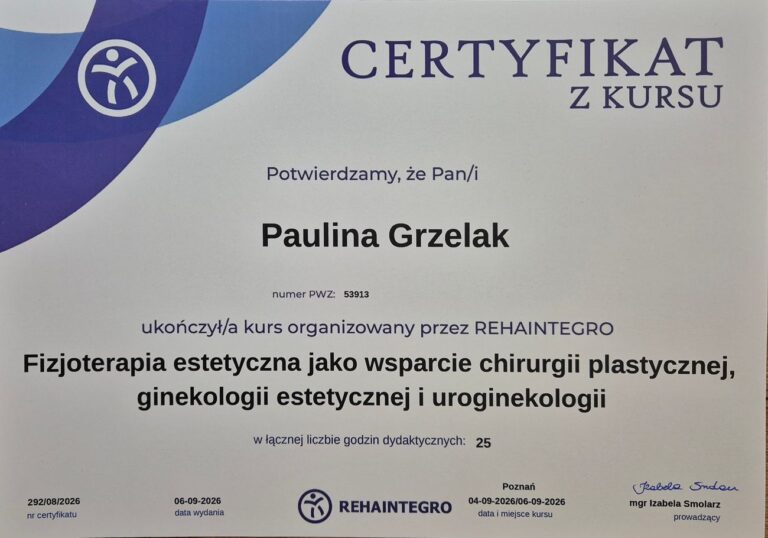 Certyfikat &ndash; Fizjoterapia estetyczna jako wsparcie chirurgii plastycznej, ginekologii estetycznej i uroginekologii, REHAINTEGRO &middot; kurs 25 h, 2026