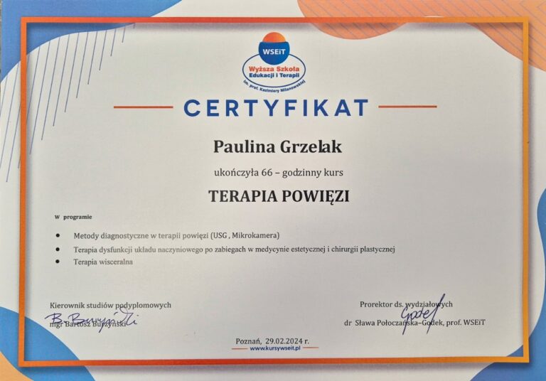 Certyfikat – Terapia powięzi, Wyższa Szkoła Edukacji i Terapii w Poznaniu · kurs 66 h, 2024