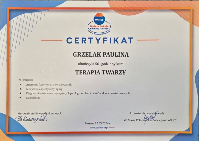 Certyfikat – Terapia twarzy, Wyższa Szkoła Edukacji i Terapii w Poznaniu · kurs 50 h, 2024