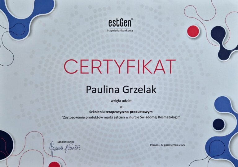Certyfikat – Szkolenie terapeutyczno-produktowe estGen, estGen · produkty w nurcie Świadomej Kosmetologii, 2025